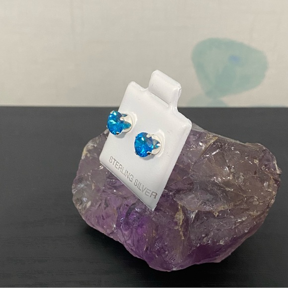 Sterling Silver Blue CZ Stud Earrings - Picture 2 of 3
